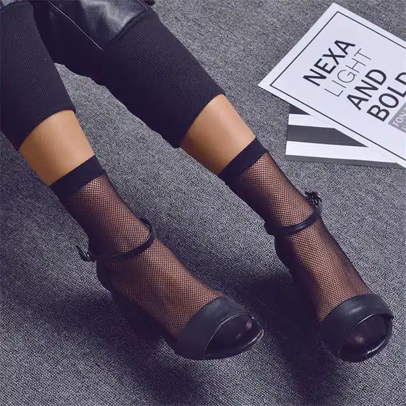 Punk Women Girls Sexy Black Hollow Out Breathable Mesh Fishnet Socks Female Gothic Stretchable Short Hosiery Ankle Socks 12