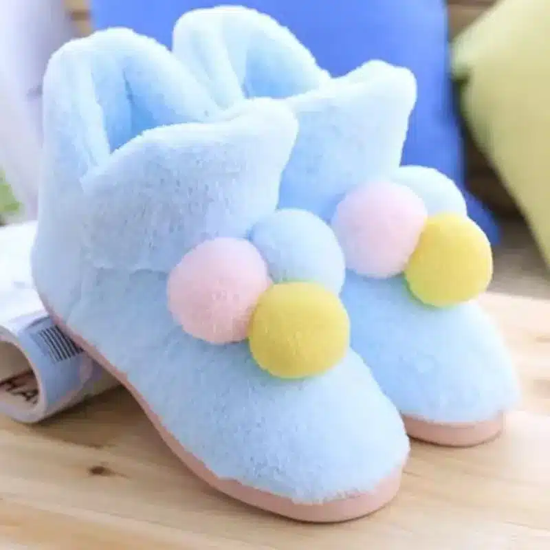 Lovely Ladies Crystal Plush Home Slippper Warm Boots Floor Boots Genuine Cony Hair Inner Balls Women Cotton Shoes 30