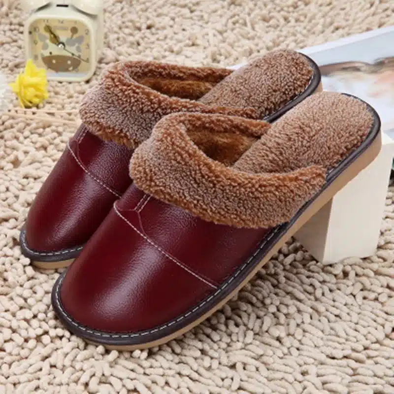 FAYUEKEY New Fashion Winter Leather Home Slippers Men Indoor Floor Outdoor Slippers Warm Cotton Plush Non-slip Flat Shoes 10