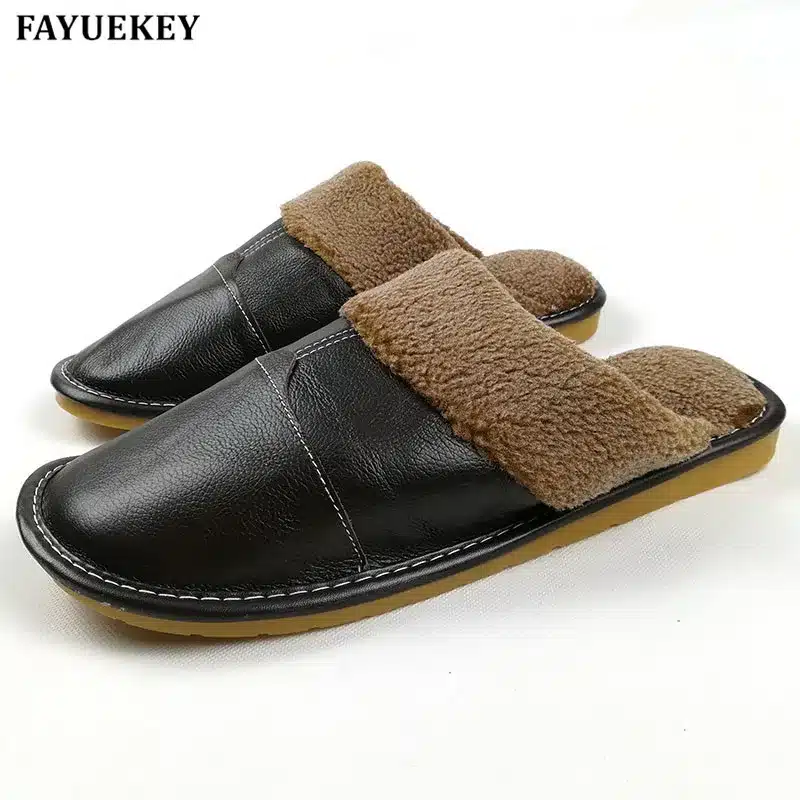 FAYUEKEY New Fashion Winter Leather Home Slippers Men Indoor Floor Outdoor Slippers Warm Cotton Plush Non-slip Flat Shoes 14