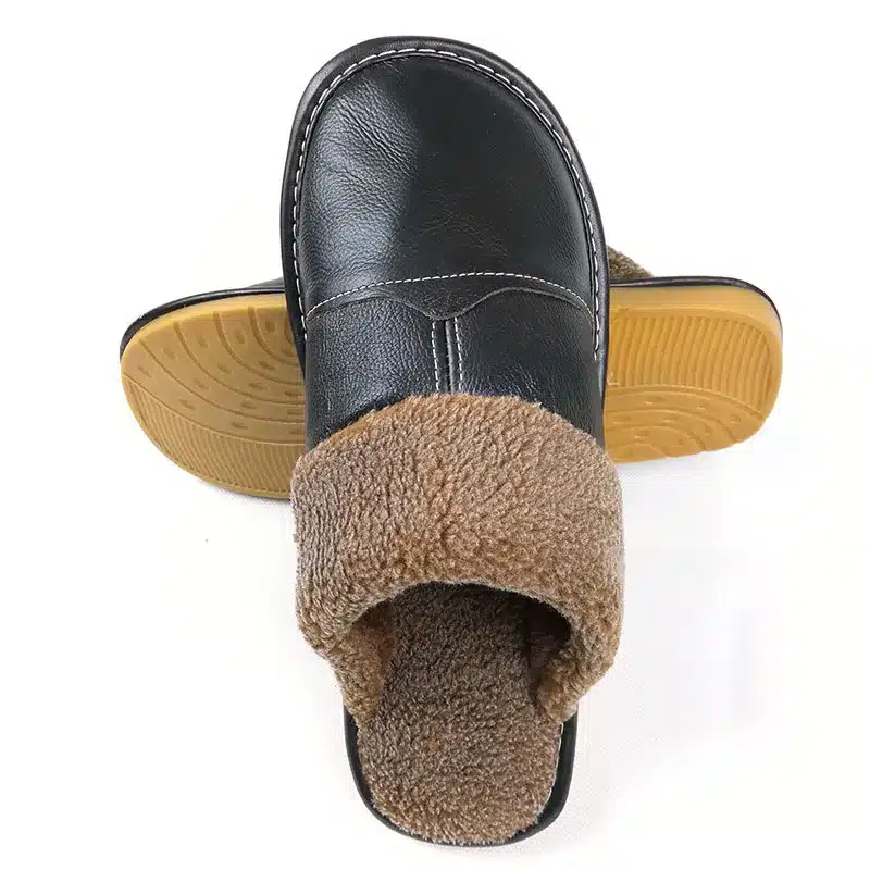 FAYUEKEY New Fashion Winter Leather Home Slippers Men Indoor Floor Outdoor Slippers Warm Cotton Plush Non-slip Flat Shoes 15