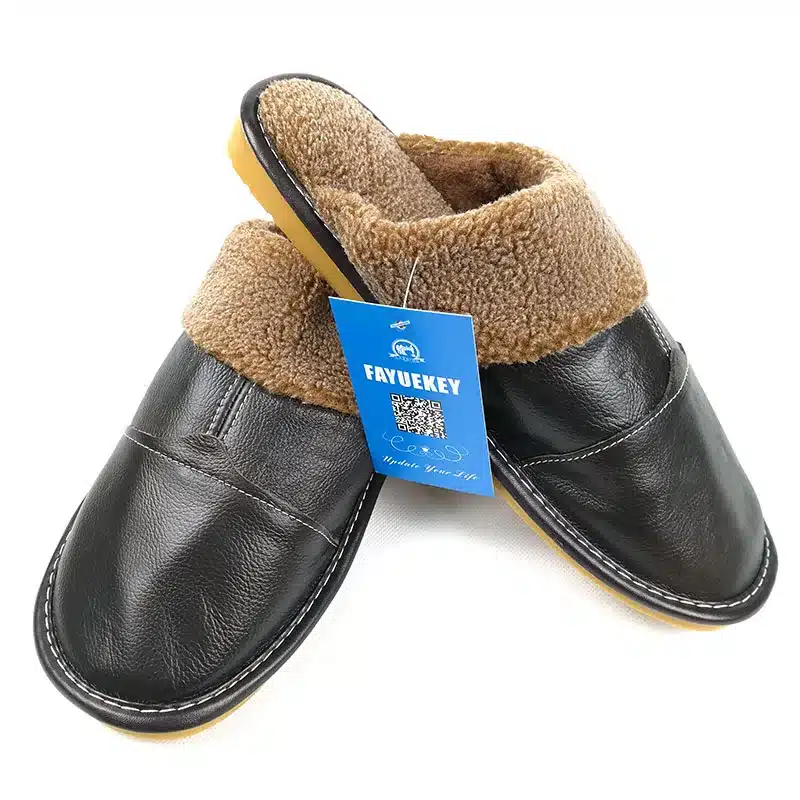 FAYUEKEY New Fashion Winter Leather Home Slippers Men Indoor Floor Outdoor Slippers Warm Cotton Plush Non-slip Flat Shoes 16