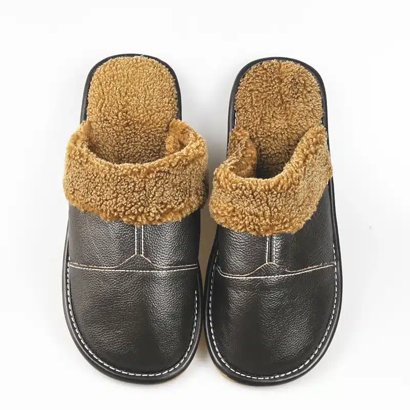 FAYUEKEY New Fashion Winter Leather Home Slippers Men Indoor Floor Outdoor Slippers Warm Cotton Plush Non-slip Flat Shoes 18