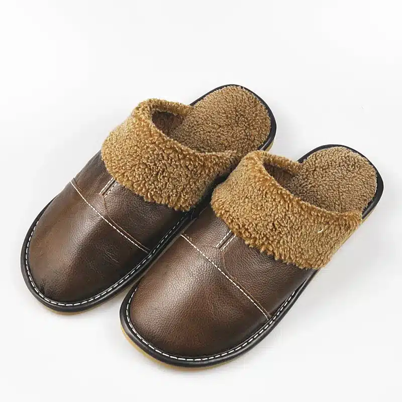 FAYUEKEY New Fashion Winter Leather Home Slippers Men Indoor Floor Outdoor Slippers Warm Cotton Plush Non-slip Flat Shoes 20