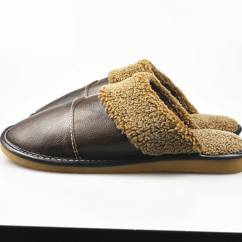 FAYUEKEY New Fashion Winter Leather Home Slippers Men Indoor Floor Outdoor Slippers Warm Cotton Plush Non-slip Flat Shoes 23