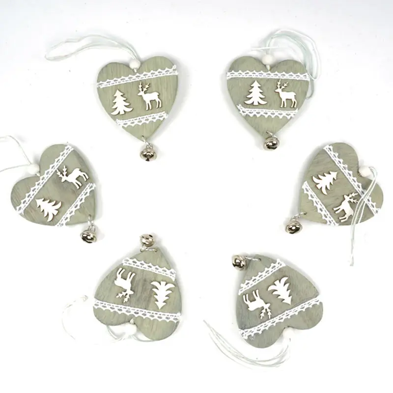 6pcs reindeer Christmas decorations wood heart with small bell hanging decor free shipping Christmas decoration for home 2017 17