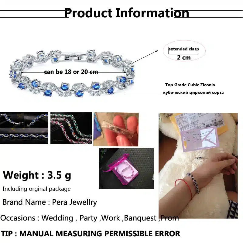 Pera 5 Color Options Fashion Ladies Sterling Silver Cubic Zirconia Royal Blue Stone Bracelets Jewelry For Christmas Gift B017 23
