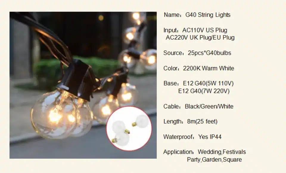 Patio Lights G40 Globe Party Christmas String Light,Warm White 25Clear Vintage Bulbs 25ft,Decorative Outdoor Backyard Garland 12
