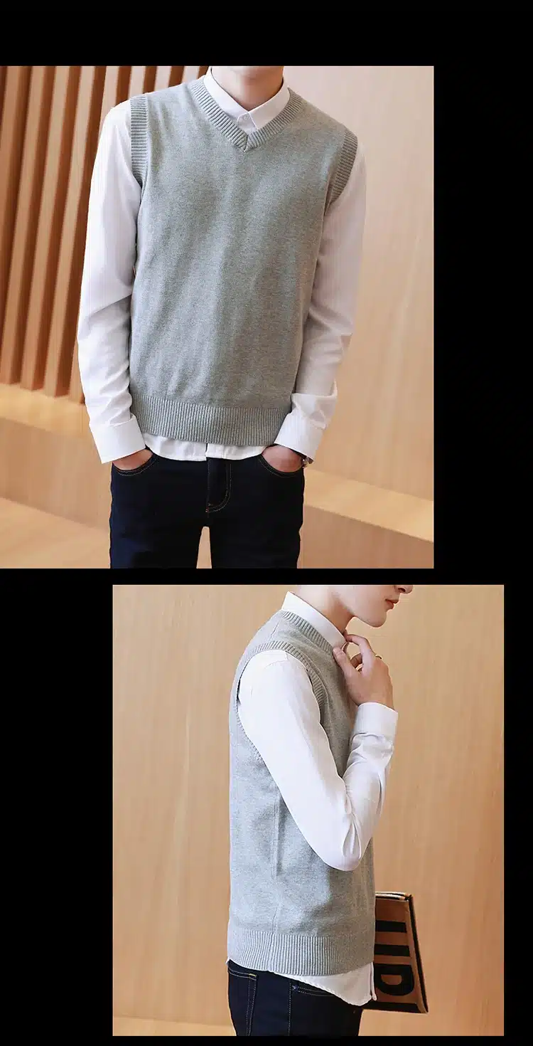 Sweater Men 100% Cotton Solid V Neck Casual Male Sweater Vest Men Pullover Knitted Sleeveless Men Sweater Christmas M-3XL 13