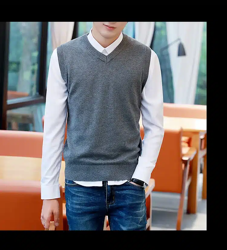 Sweater Men 100% Cotton Solid V Neck Casual Male Sweater Vest Men Pullover Knitted Sleeveless Men Sweater Christmas M-3XL 14