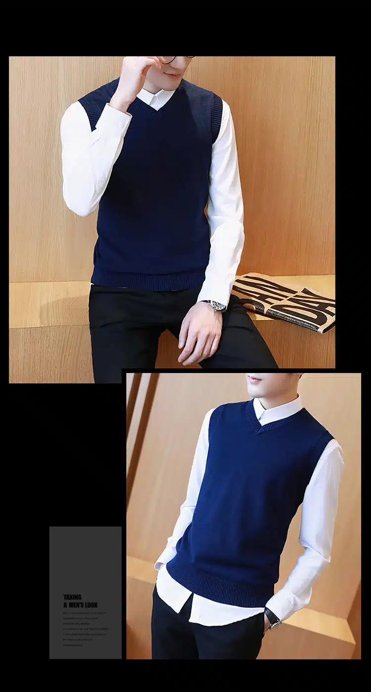 Sweater Men 100% Cotton Solid V Neck Casual Male Sweater Vest Men Pullover Knitted Sleeveless Men Sweater Christmas M-3XL 16