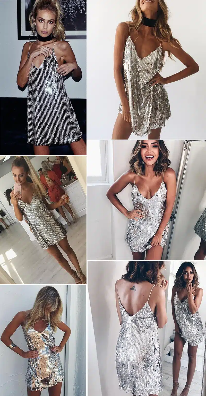 Deep V Neck Autumn Silver Sequined Backless Sexy Dress Women Off Shoulder Mini Dress Christmas Party Club Strap Dresses Vestidos 12