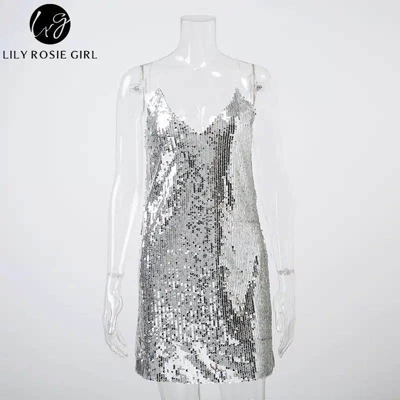 Deep V Neck Autumn Silver Sequined Backless Sexy Dress Women Off Shoulder Mini Dress Christmas Party Club Strap Dresses Vestidos 15