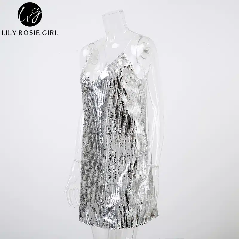 Deep V Neck Autumn Silver Sequined Backless Sexy Dress Women Off Shoulder Mini Dress Christmas Party Club Strap Dresses Vestidos 16