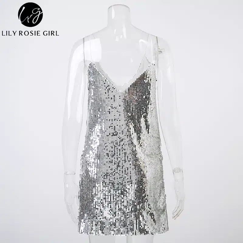 Deep V Neck Autumn Silver Sequined Backless Sexy Dress Women Off Shoulder Mini Dress Christmas Party Club Strap Dresses Vestidos 17