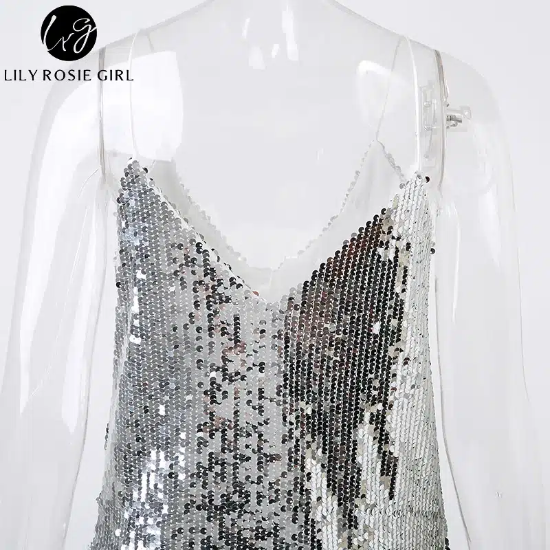 Deep V Neck Autumn Silver Sequined Backless Sexy Dress Women Off Shoulder Mini Dress Christmas Party Club Strap Dresses Vestidos 19
