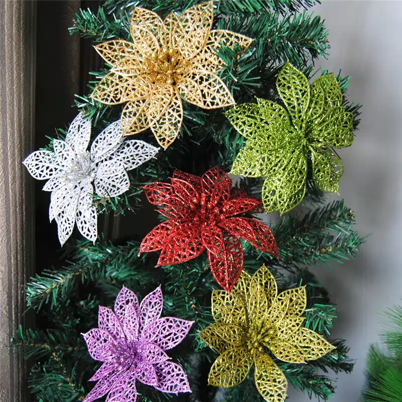 10Pcs Glitter Hollow Flower Decoration Flowers for Christmas Trees for New Year Christmas Decorations Wedding Party Decor noel,Q 10