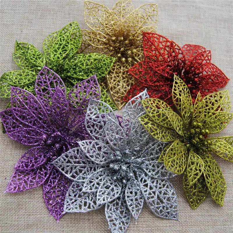 10Pcs Glitter Hollow Flower Decoration Flowers for Christmas Trees for New Year Christmas Decorations Wedding Party Decor noel,Q 12