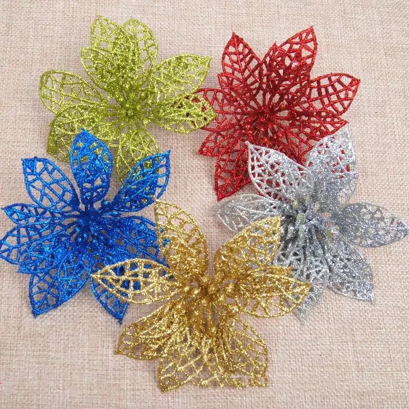 10Pcs Glitter Hollow Flower Decoration Flowers for Christmas Trees for New Year Christmas Decorations Wedding Party Decor noel,Q 13