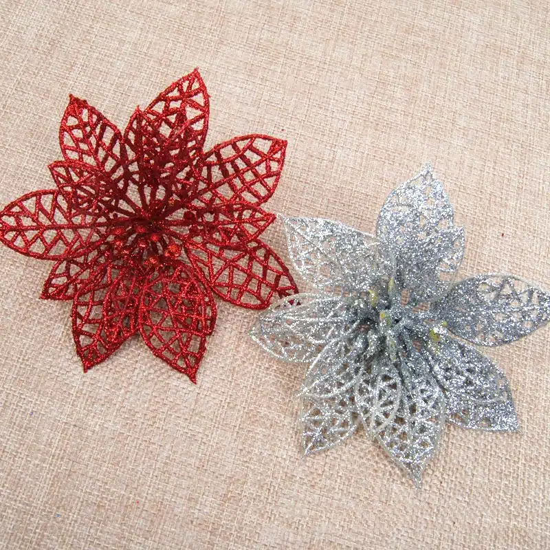 10Pcs Glitter Hollow Flower Decoration Flowers for Christmas Trees for New Year Christmas Decorations Wedding Party Decor noel,Q 15