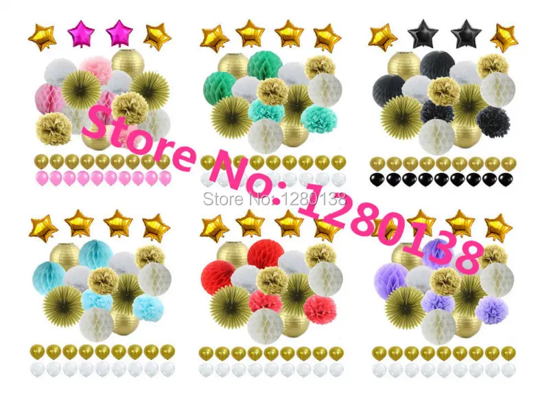 Black Gold White Party Decorations Tissue Paper Pom Pom Honeycomb Ball and Paper Lantern Foil Star&Latex Balloon for Party Favor 1