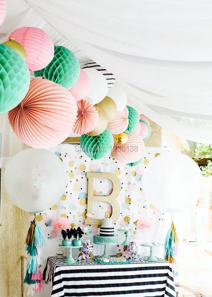 Black Gold White Party Decorations Tissue Paper Pom Pom Honeycomb Ball and Paper Lantern Foil Star&Latex Balloon for Party Favor 3