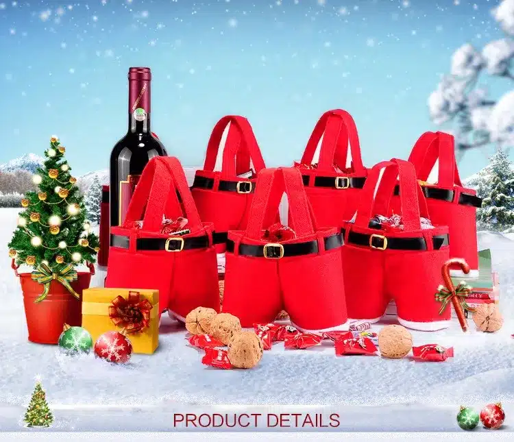 10 Pcs Merry Christmas Gift Treat Candy Wine Bottle Bag Santa Claus Suspender Pants Trousers Decor Christmas Gift Bags 1