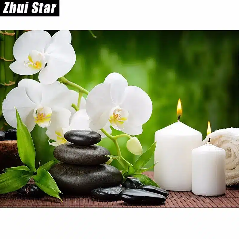 New Full Square Diamond 5D DIY Diamond Painting "Orchid Candles Stones" Embroidery Cross Stitch Rhinestone Mosaic Painting Gift 26