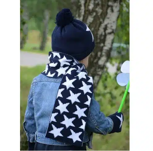 boys girls knitted hat scarf and glove set children fall winter fashion kids navy blue star print 3 pieces sets christmas gift 27