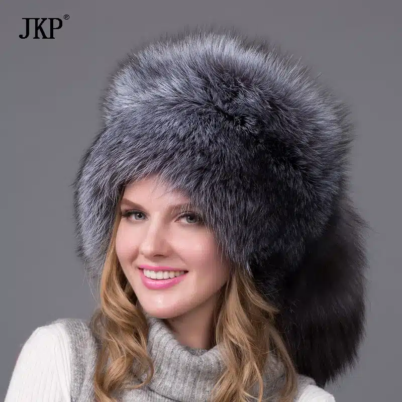 Silver Fox Fur Ushanka Hat 100%Real Fur . Silver fox With a fox tail, ear cap woman winter hat great circle 4