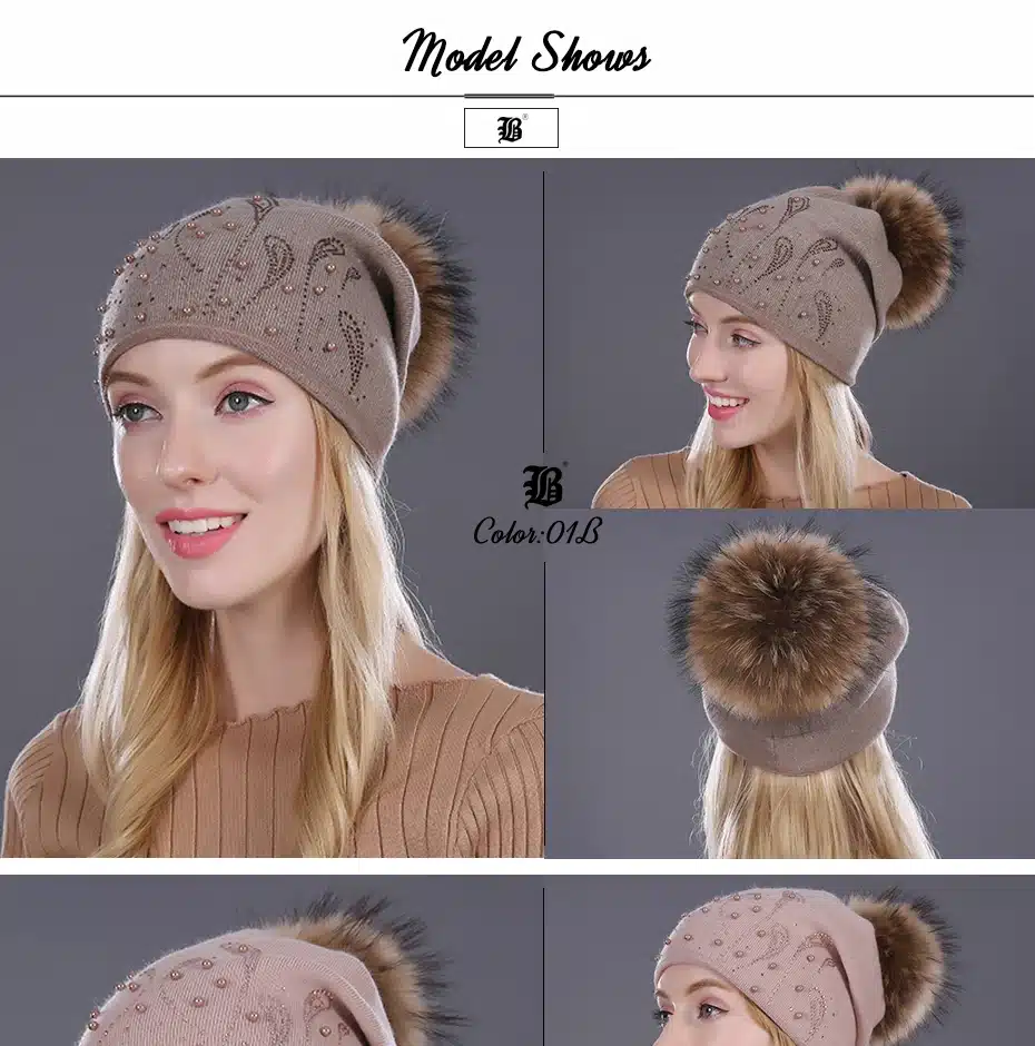 [FLB] Keep Warm Winter Hat Beanies Fur Wool Pearl Knitted Hat The Female Of The Mink Caps Beanies Hats For Women Girl 'S Cap 16