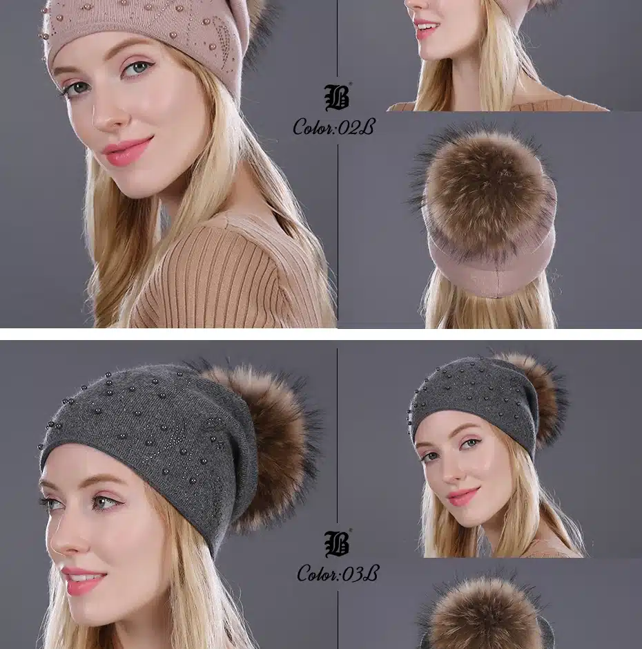 [FLB] Keep Warm Winter Hat Beanies Fur Wool Pearl Knitted Hat The Female Of The Mink Caps Beanies Hats For Women Girl 'S Cap 17
