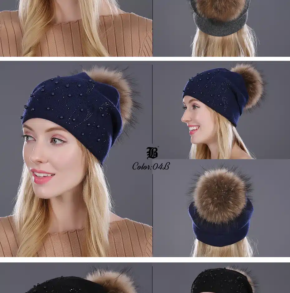 [FLB] Keep Warm Winter Hat Beanies Fur Wool Pearl Knitted Hat The Female Of The Mink Caps Beanies Hats For Women Girl 'S Cap 18