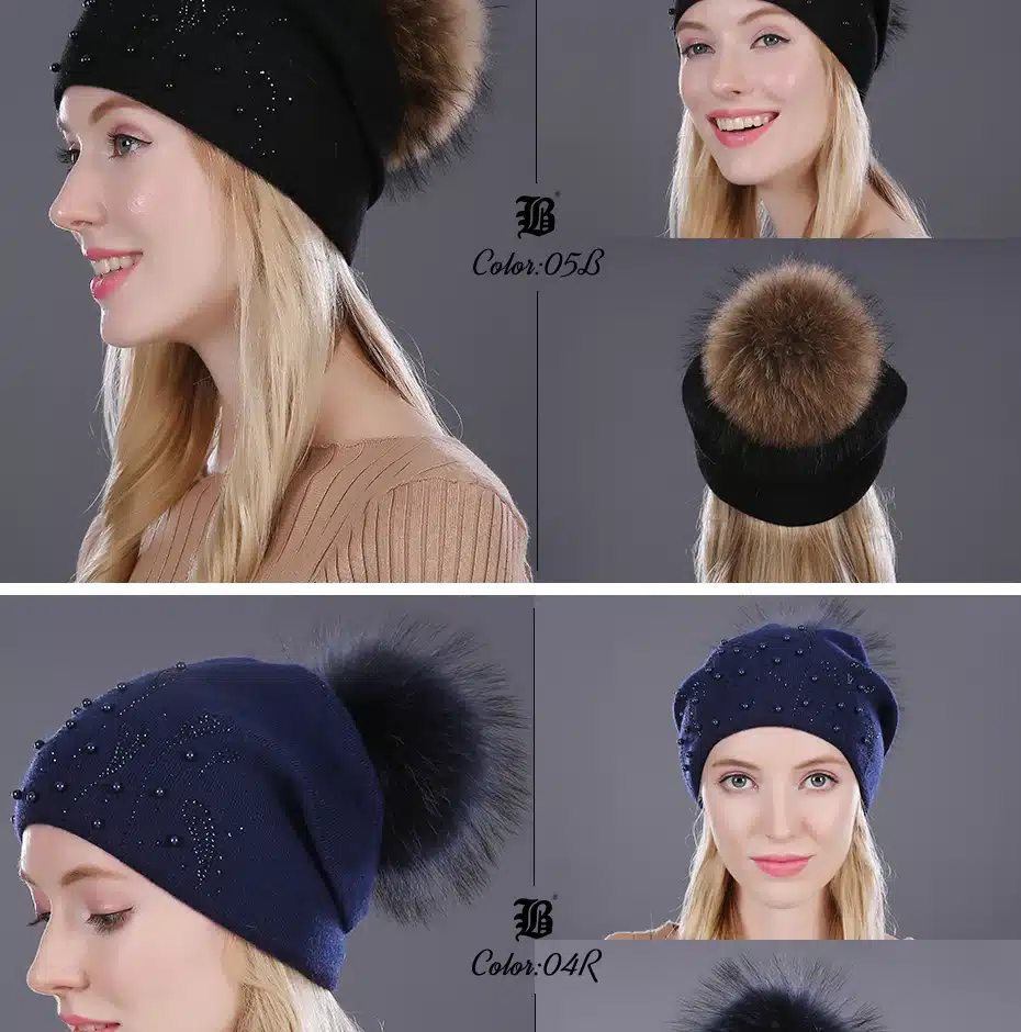 [FLB] Keep Warm Winter Hat Beanies Fur Wool Pearl Knitted Hat The Female Of The Mink Caps Beanies Hats For Women Girl 'S Cap 19