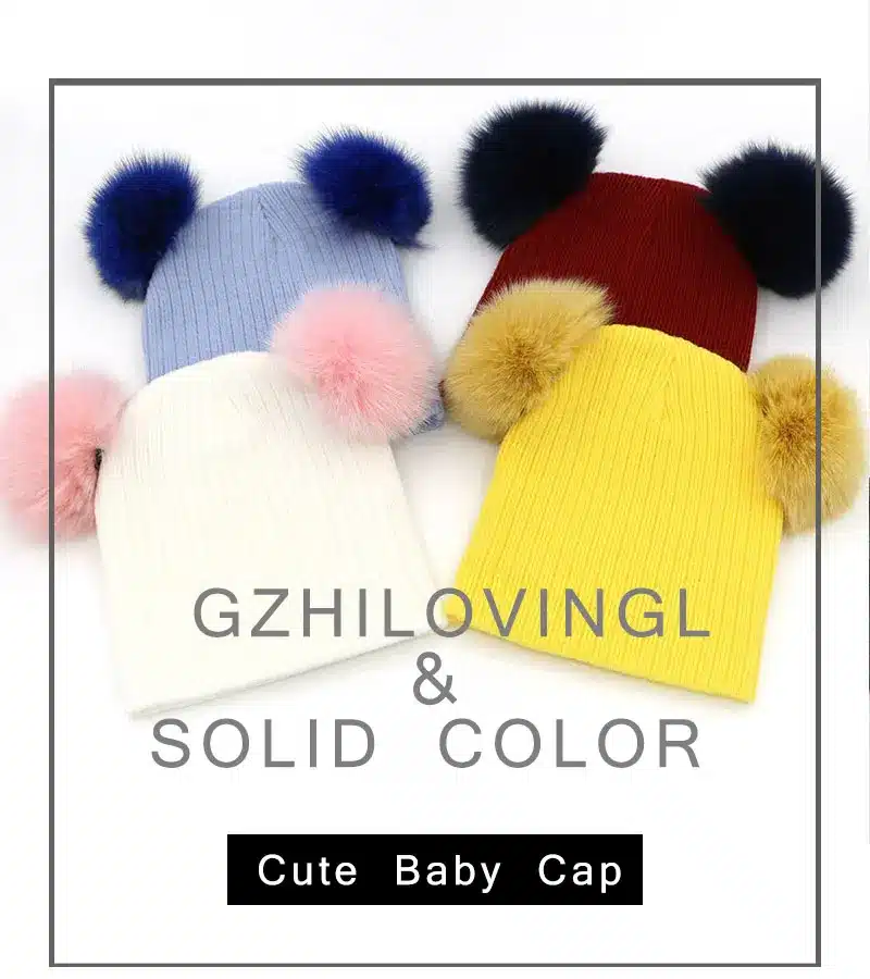2016 New Cute Baby Girls Boys Beanie Cotton Winter Hats With 2 Real Fox Fur Pompom Kids Beanies Winter Knitted Baby Custome Caps 9