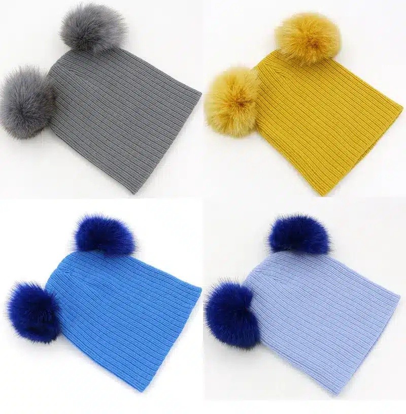 2016 New Cute Baby Girls Boys Beanie Cotton Winter Hats With 2 Real Fox Fur Pompom Kids Beanies Winter Knitted Baby Custome Caps 17