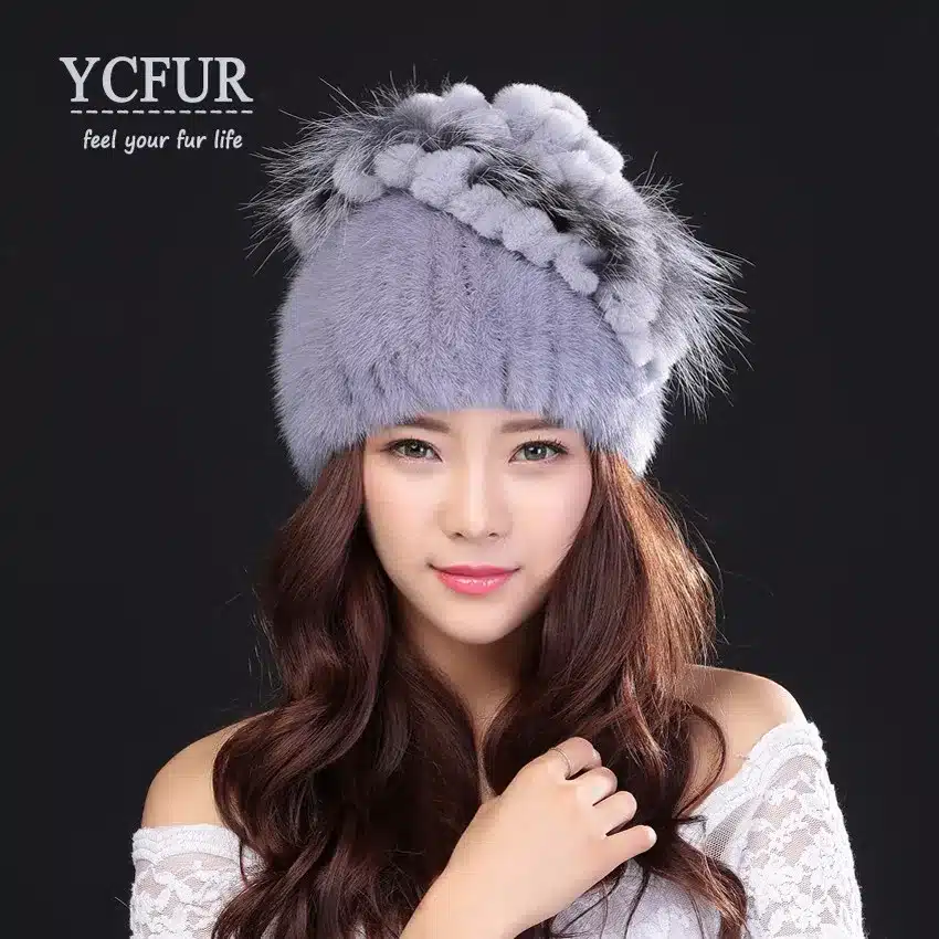 YCFUR Brand Design Women's Winter Hats Beanies Knit Natural Mink Fur Caps With Rex Rabbit Fur Trims Knit Mink Cap 6