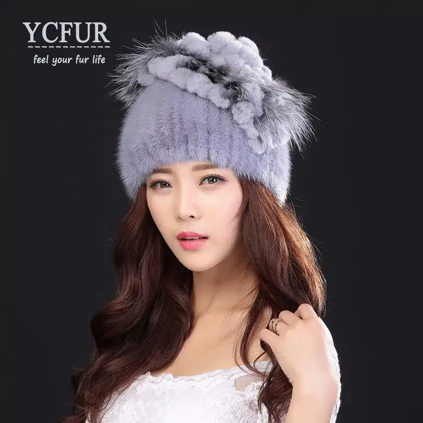 YCFUR Brand Design Women's Winter Hats Beanies Knit Natural Mink Fur Caps With Rex Rabbit Fur Trims Knit Mink Cap 7