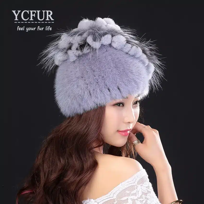 YCFUR Brand Design Women's Winter Hats Beanies Knit Natural Mink Fur Caps With Rex Rabbit Fur Trims Knit Mink Cap 8