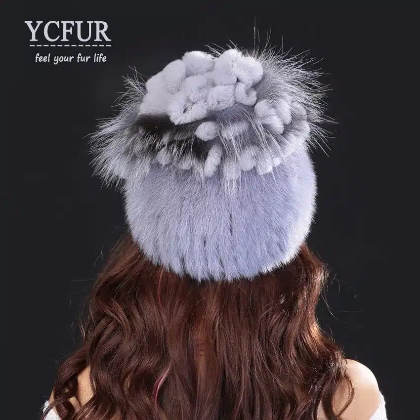 YCFUR Brand Design Women's Winter Hats Beanies Knit Natural Mink Fur Caps With Rex Rabbit Fur Trims Knit Mink Cap 9