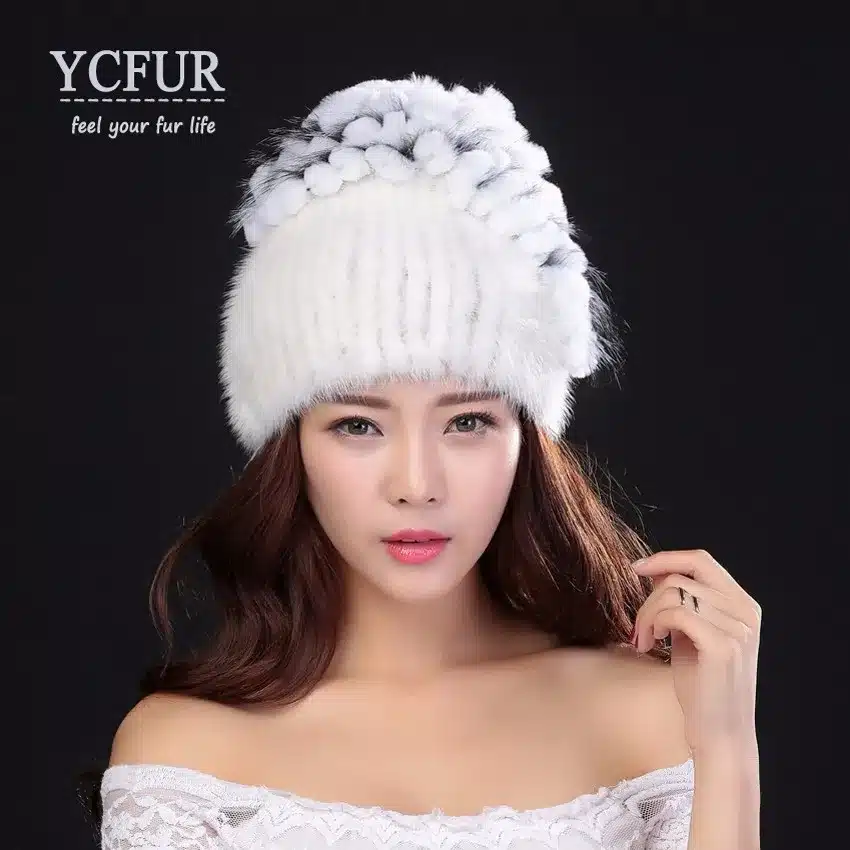 YCFUR Brand Design Women's Winter Hats Beanies Knit Natural Mink Fur Caps With Rex Rabbit Fur Trims Knit Mink Cap 10
