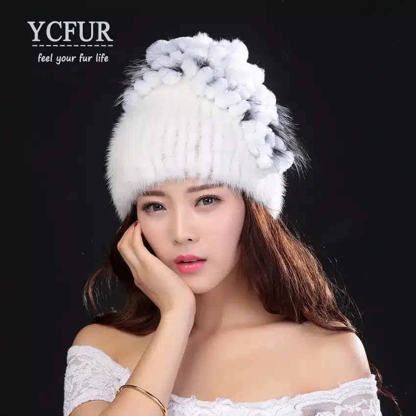 YCFUR Brand Design Women's Winter Hats Beanies Knit Natural Mink Fur Caps With Rex Rabbit Fur Trims Knit Mink Cap 11