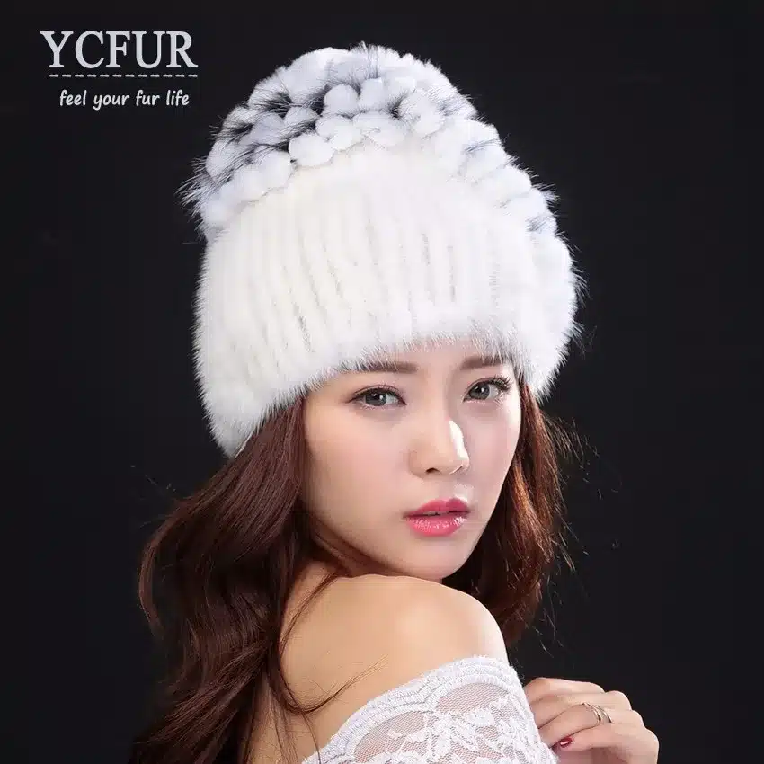 YCFUR Brand Design Women's Winter Hats Beanies Knit Natural Mink Fur Caps With Rex Rabbit Fur Trims Knit Mink Cap 12
