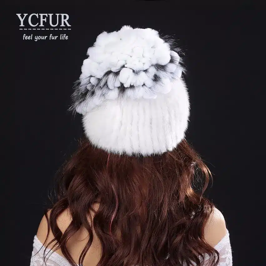 YCFUR Brand Design Women's Winter Hats Beanies Knit Natural Mink Fur Caps With Rex Rabbit Fur Trims Knit Mink Cap 13