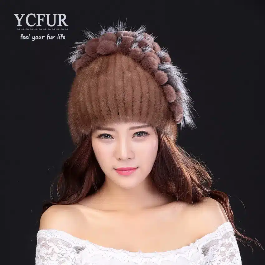 YCFUR Brand Design Women's Winter Hats Beanies Knit Natural Mink Fur Caps With Rex Rabbit Fur Trims Knit Mink Cap 15
