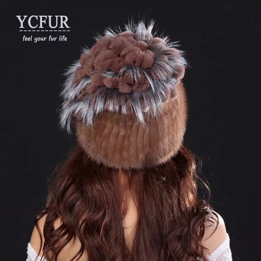 YCFUR Brand Design Women's Winter Hats Beanies Knit Natural Mink Fur Caps With Rex Rabbit Fur Trims Knit Mink Cap 17