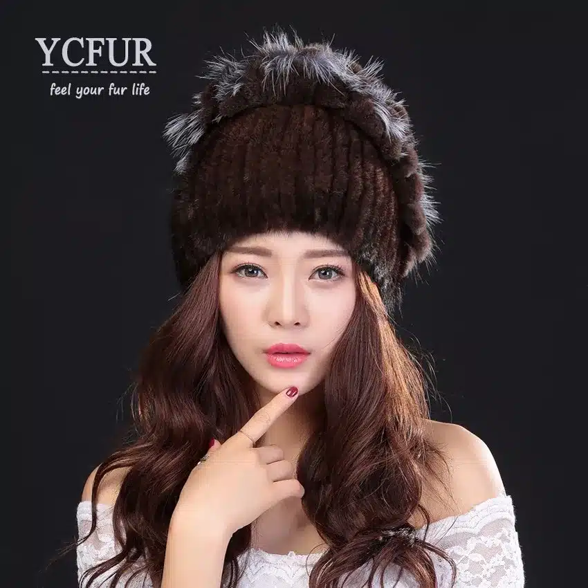 YCFUR Brand Design Women's Winter Hats Beanies Knit Natural Mink Fur Caps With Rex Rabbit Fur Trims Knit Mink Cap 18