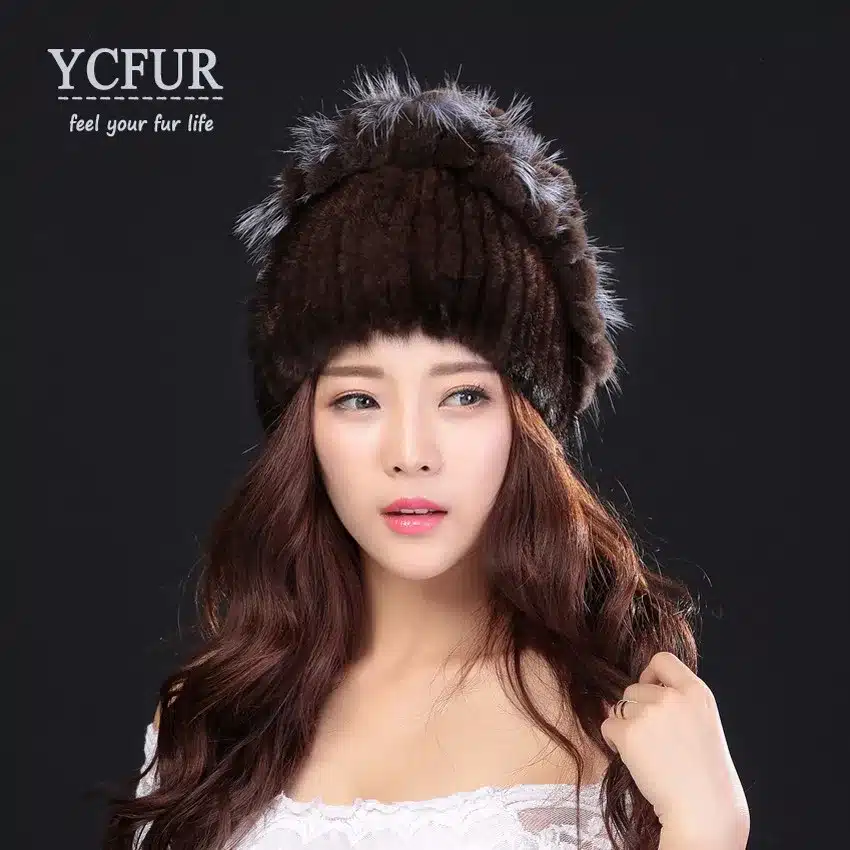 YCFUR Brand Design Women's Winter Hats Beanies Knit Natural Mink Fur Caps With Rex Rabbit Fur Trims Knit Mink Cap 19