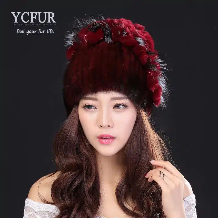YCFUR Brand Design Women's Winter Hats Beanies Knit Natural Mink Fur Caps With Rex Rabbit Fur Trims Knit Mink Cap 21