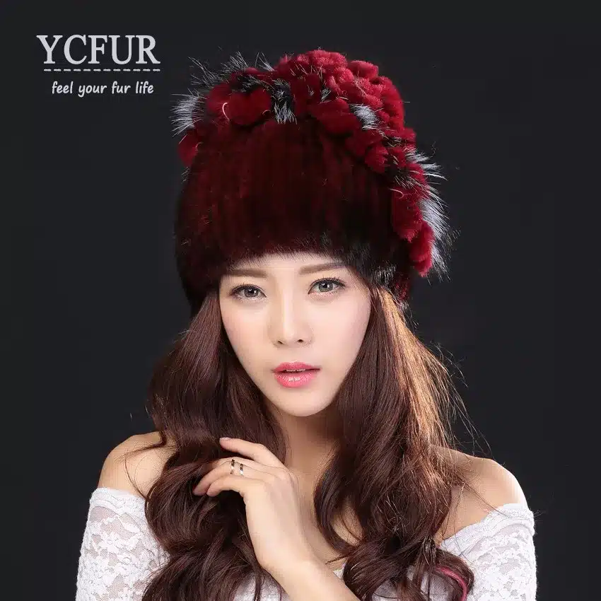 YCFUR Brand Design Women's Winter Hats Beanies Knit Natural Mink Fur Caps With Rex Rabbit Fur Trims Knit Mink Cap 22